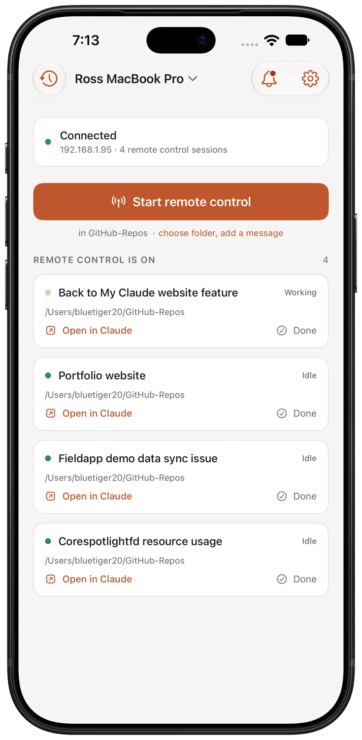 The iPhone app with one Start remote control button and a list of running sessions
