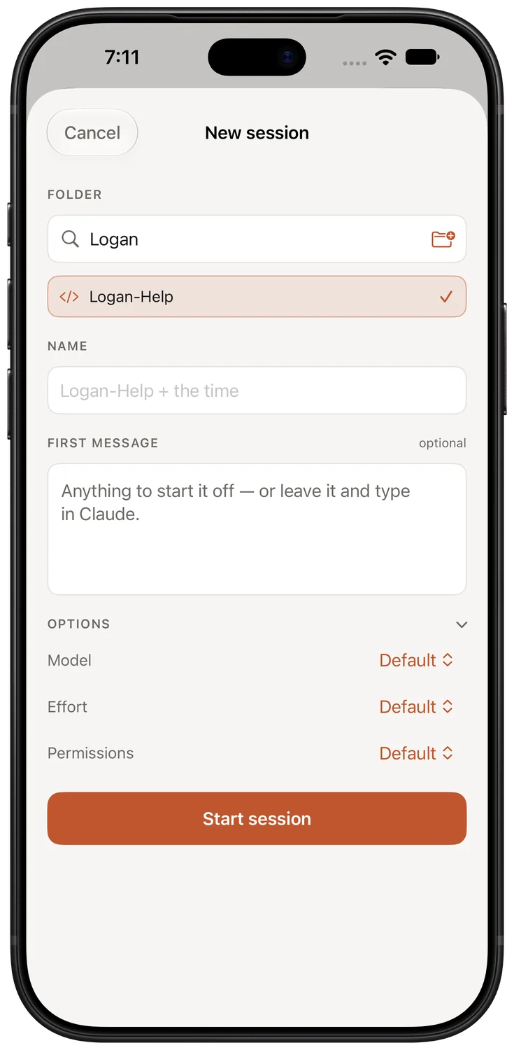 The New session screen: a folder search with a project selected, name and first-message fields, and model, effort and permissions options