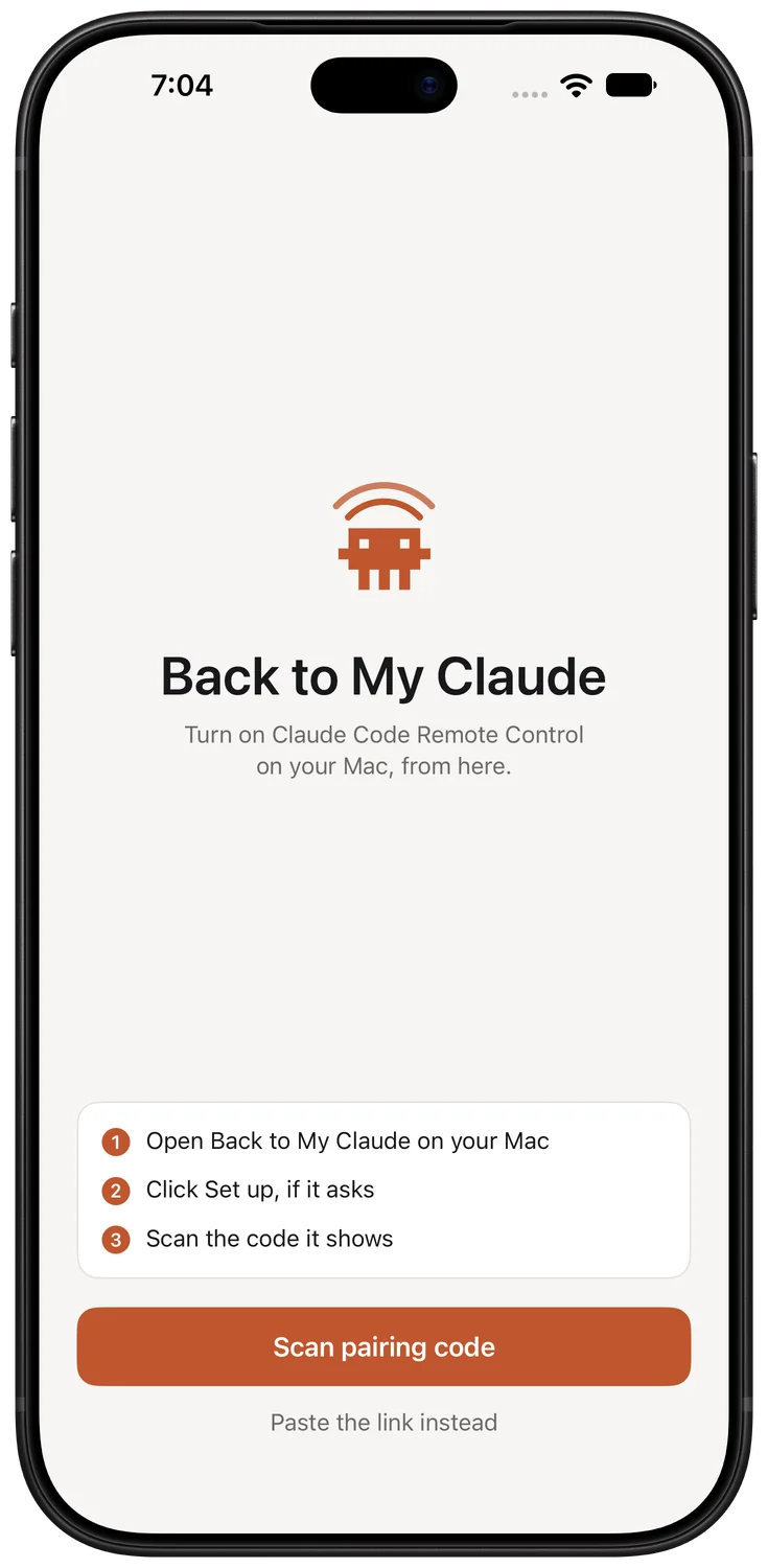 First run: three steps, a Scan pairing code button, and Paste the link instead