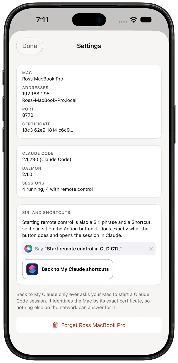 Settings: the Mac's name, addresses, port and certificate fingerprint, the Claude Code and service versions, the Siri phrase, and Forget this Mac