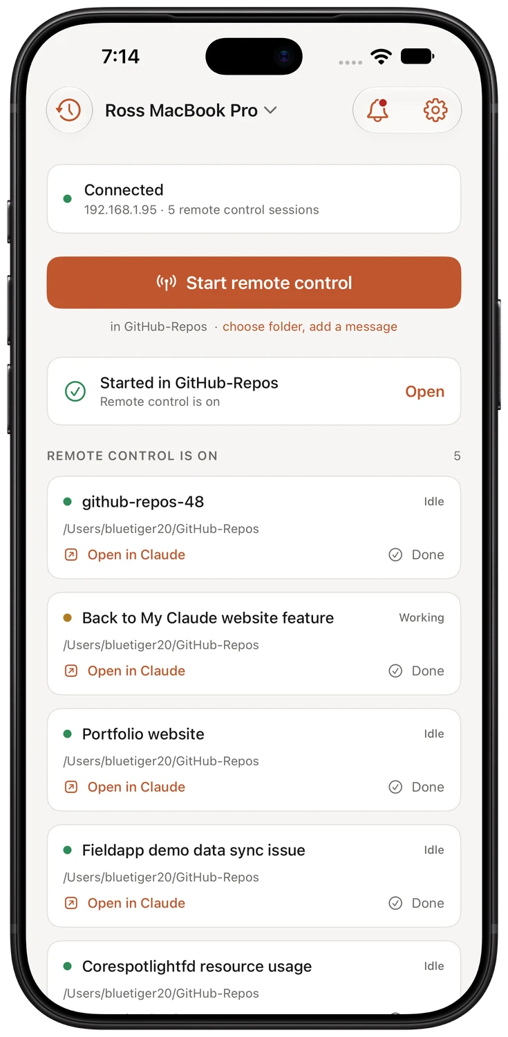 Right after a tap: a card says Started in GitHub-Repos, Remote control is on, with an Open link