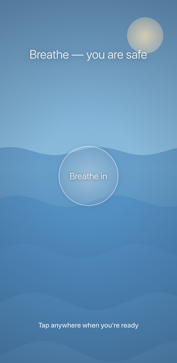 An ocean scene with a breathing guide and the affirmation: breathe, you are safe