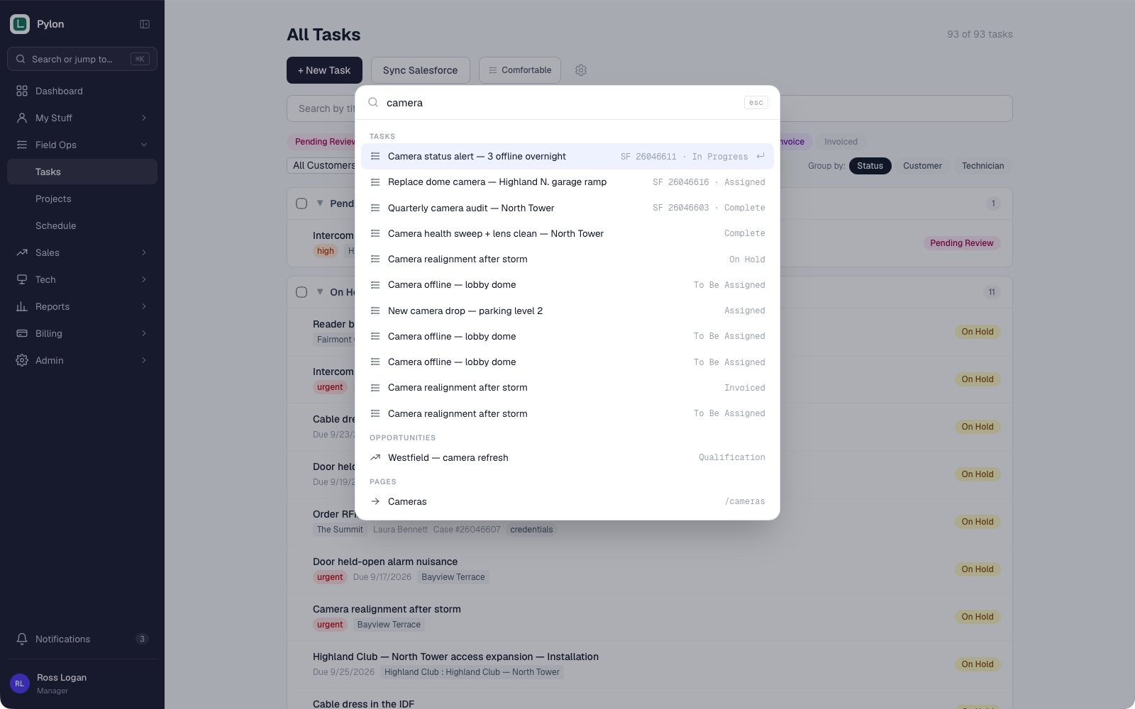 The ⌘K command palette searching tasks, opportunities and pages for “camera”