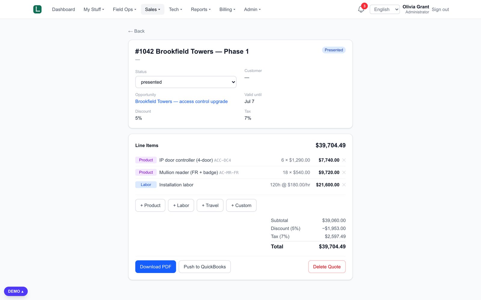 Quote builder with line items and totals