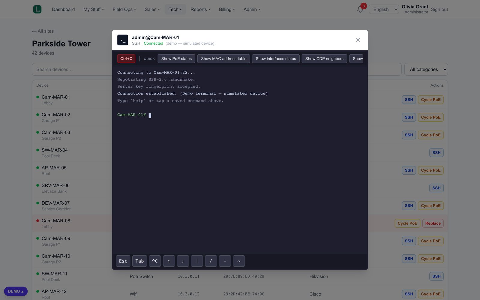 In-browser SSH terminal to an on-site device