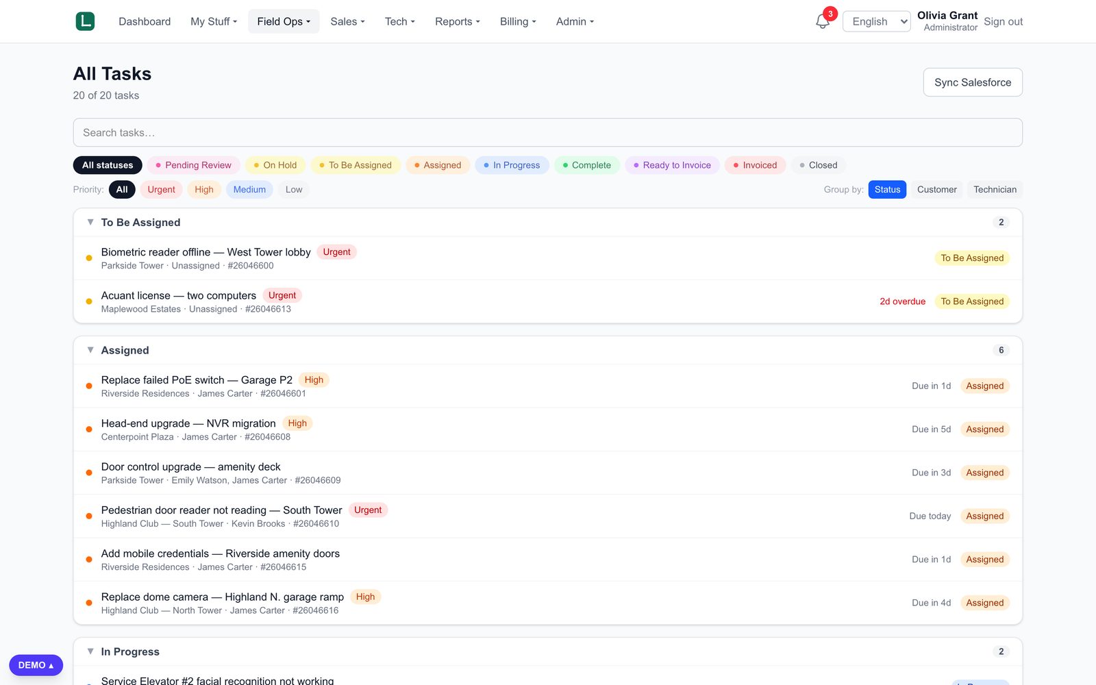 Task list with filters