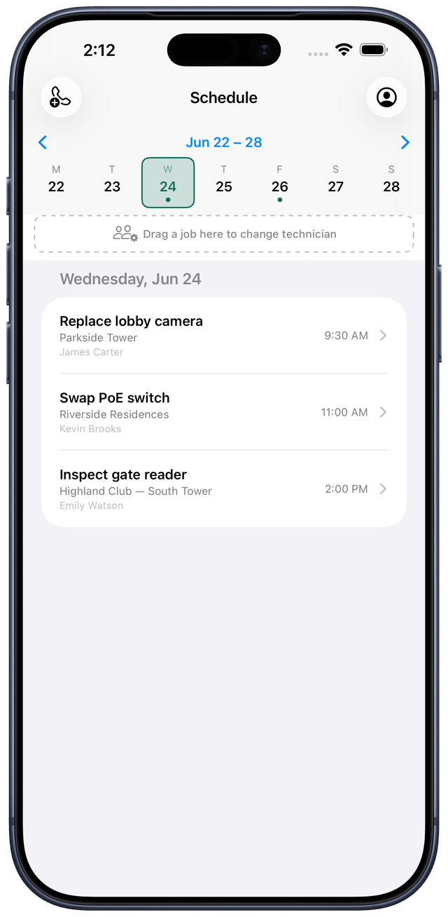 Weekly schedule by technician on iPhone