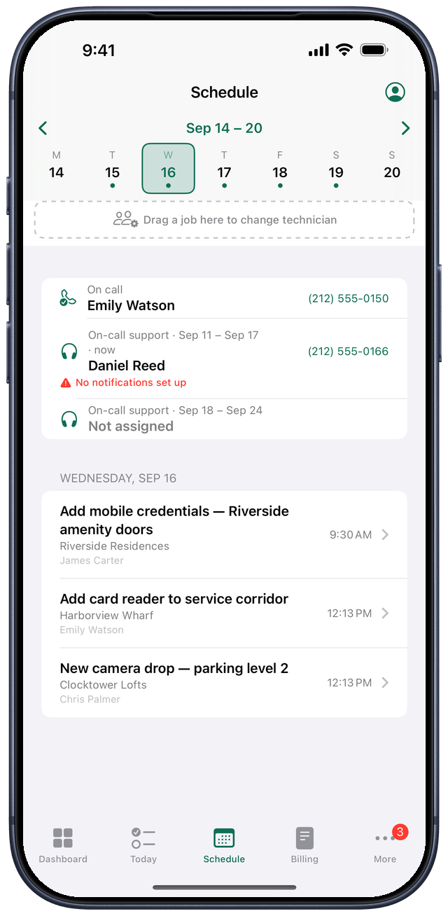 Weekly schedule by technician on iPhone