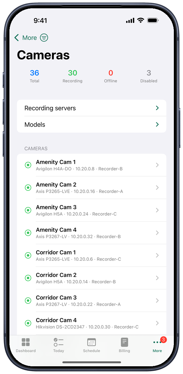 Camera health on iPhone — every camera, its model, address and recorder