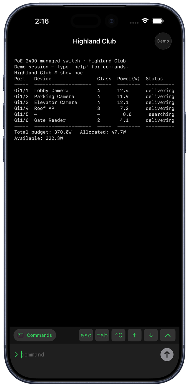 A live SSH terminal with a key-accessory bar on iPhone
