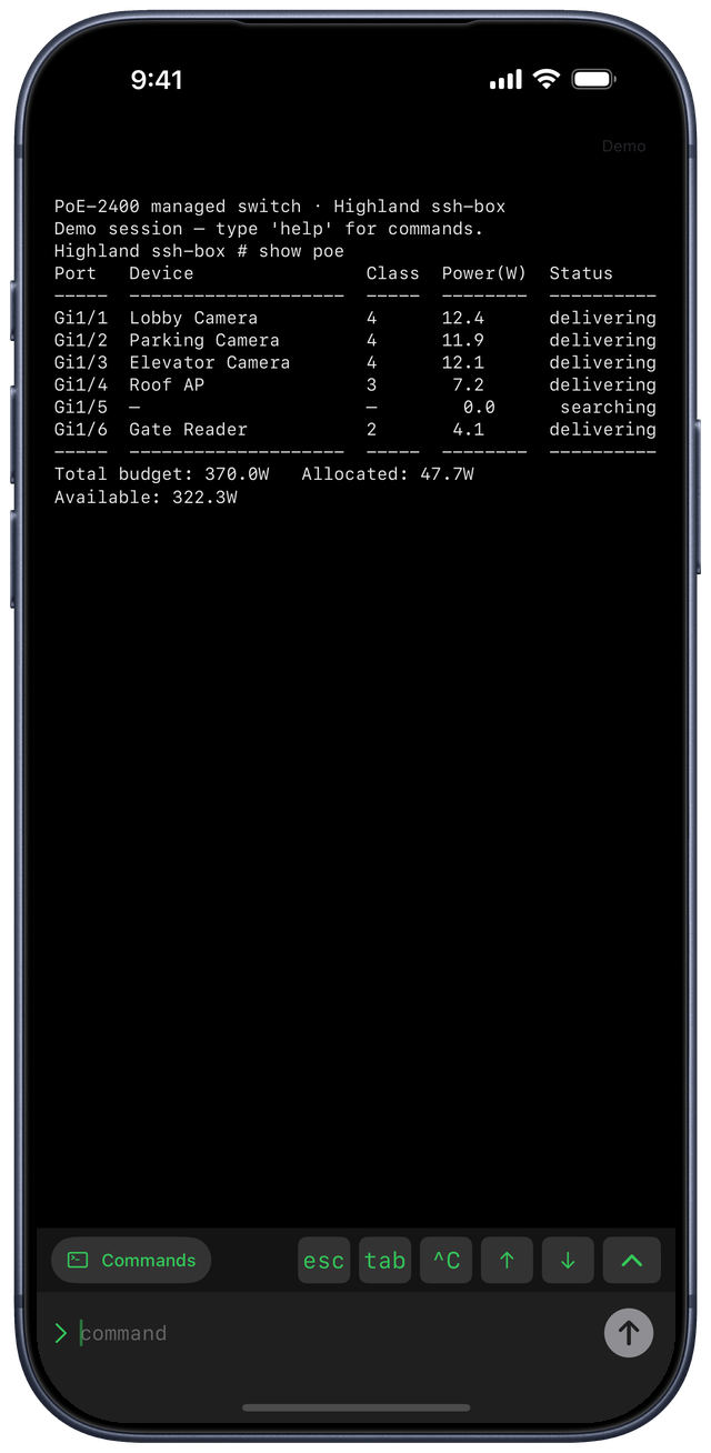A live SSH terminal with a key-accessory bar on iPhone
