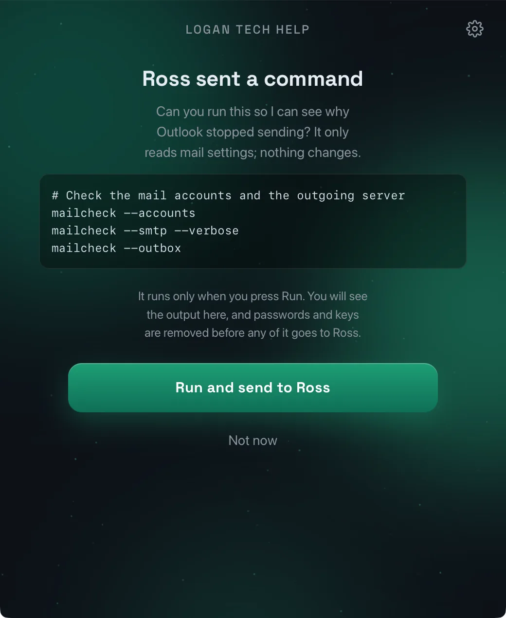 A command from Ross, shown in full, with Run and Not now