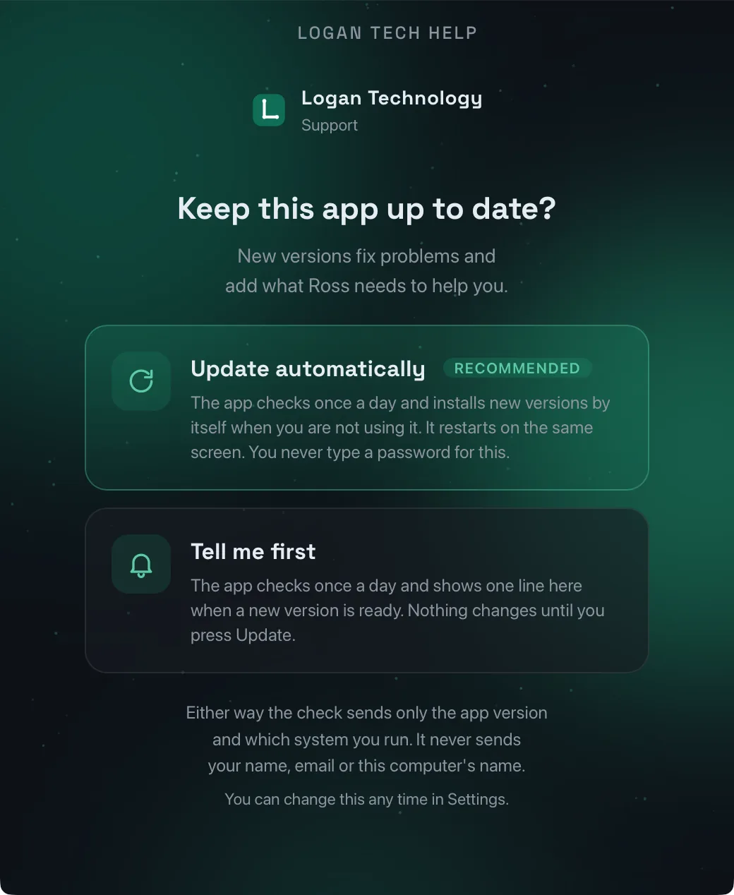 Keep this app up to date? Update automatically, or Tell me first